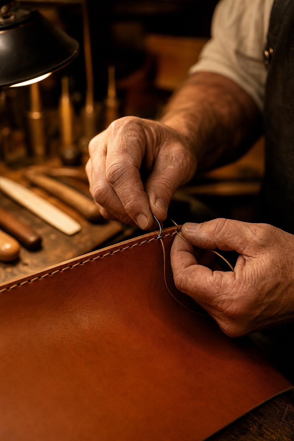 An artisan working on a fine leather bag in an atelier
