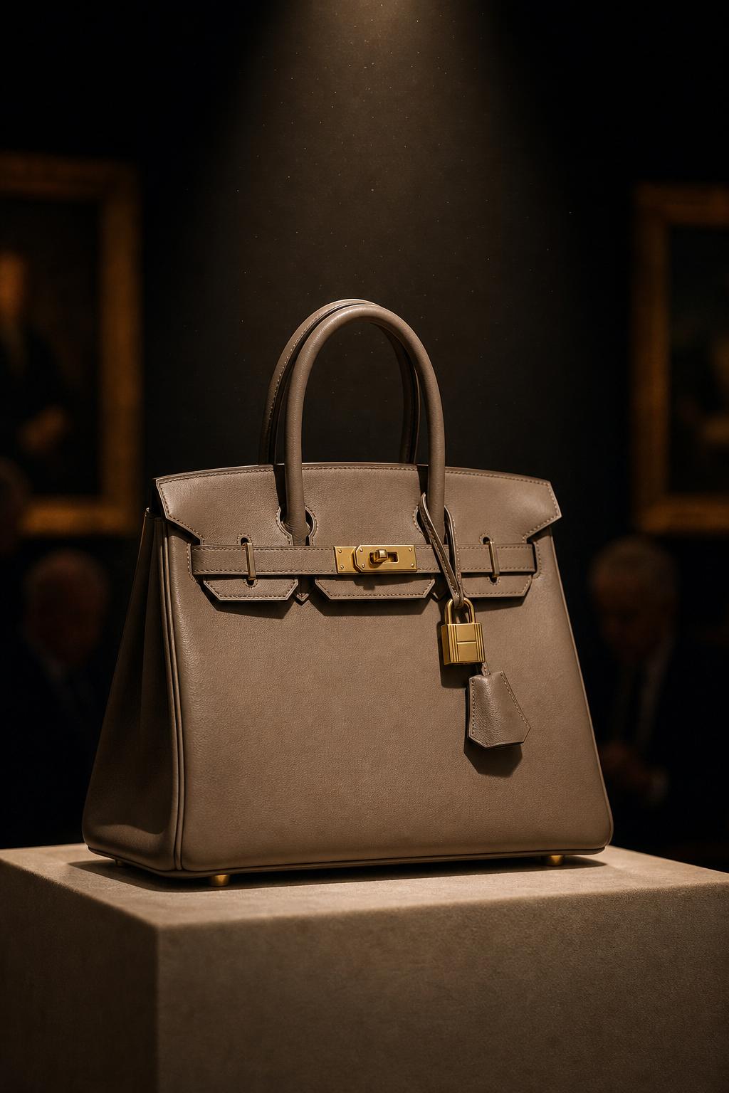 A luxury handbag under a single warm spotlight