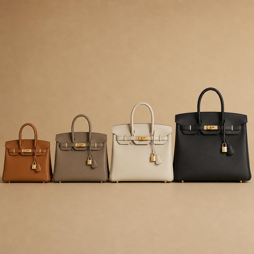 A line-up of structured luxury handbags in four sizes